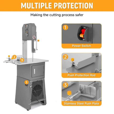 Powerful 550W Commercial Meat Bandsaw With 9.5 Inch Cutting Depth And 10 Inch Cutting Width, featuring multiple protection features