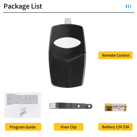Multi Code Gate Opener Remote 300 MHz with 10 Dip Switches package contents: transmitter, program guide, visor clip, battery.