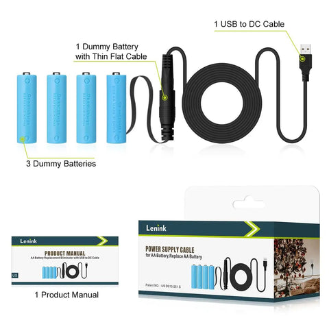 AA Battery Replacement Power Supply Cable for Continuous 24 Hour Use, shown with components and packaging