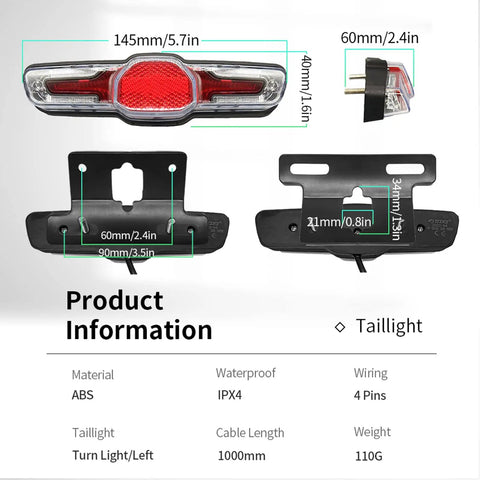 Plug In Ebike Light Kit With Front Headlight And Built In Horn, Rear Taillight, DK336 Switch And Wiring, product dimensions