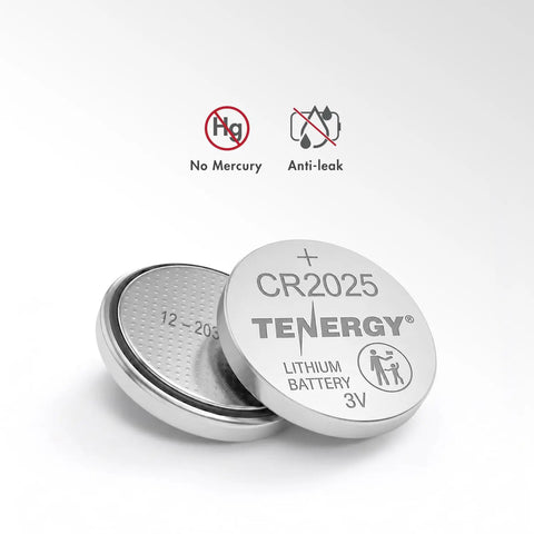Straight Up Reliable CR2025 3V Lithium Button Batteries 10 Pack Heavy Duty Coin Cells showing two CR2025 batteries with anti-leak seal.