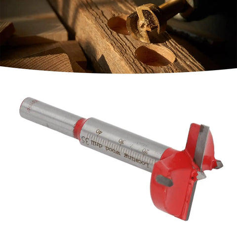35mm Hinge Boring Jig Kit With Hole Locator, Red Drill Bit and Wrench for precision cabinet door installation, close-up view