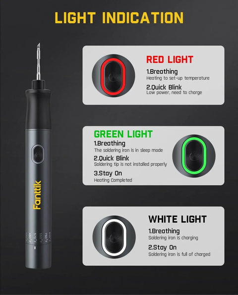 T1 Max Cordless Soldering Iron Kit with light indication guide showing red, green, and white light signals for usage status.