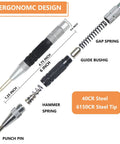 Two Piece Automatic Center Punch Set, 6 Inch Hardened Steel, Spring Loaded, One Hand Operation, Adjustable Knurled Cap components