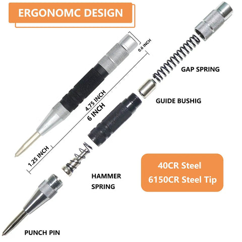 Two Piece Automatic Center Punch Set, 6 Inch Hardened Steel, Spring Loaded, One Hand Operation, Adjustable Knurled Cap components