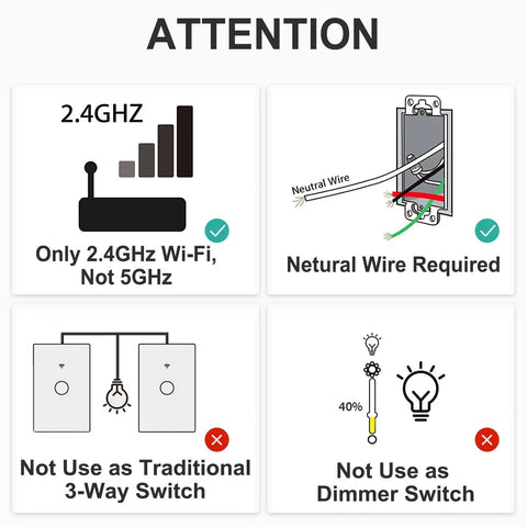 Diagram with WiFi Smart Touch Light Switch 2 Gang US Standard Black Tempered Glass Panel restrictions and requirements.