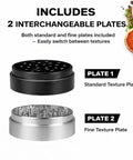 Amazon 3-inch spice grinder with 2 interchangeable plates (standard and fine texture) in black body and silver grinder.