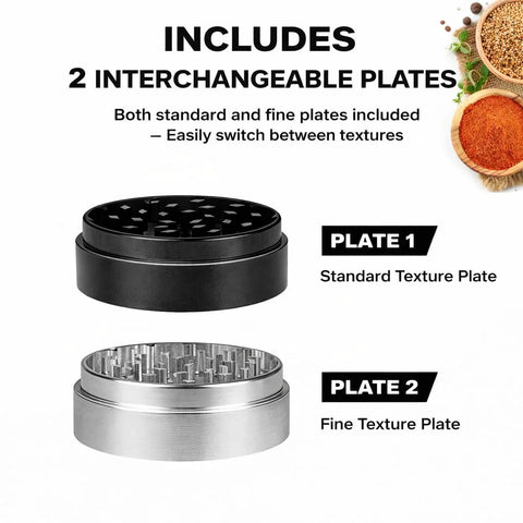 Amazon 3-inch spice grinder with 2 interchangeable plates (standard and fine texture) in black body and silver grinder.