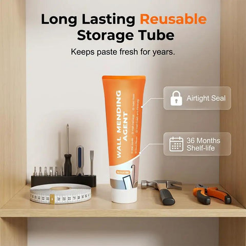 All In One Drywall Repair Kit With Scraper And Quick Drying Paste For Easy Hole And Crack Repair No Mess Wall Patch Set For DIY Home Improvement Apartment Friendly 1.32 Lbs, showing wall mending agent tube with tools.