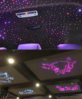 Car and home ceiling with Dual Port Fiber Optic Light Kit For Cars And Homes With RGBW Sound Activated Heads, starry light patterns.