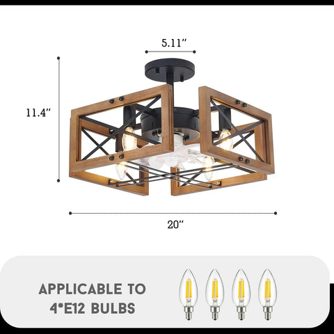 Dope Wood Flush Mount Ceiling Fan With Lights And Remote, open wooden cage design, bulb size illustration