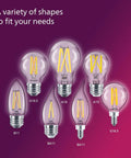 Image of various LED bulbs including LED A19 60W Equivalent Soft White Bulbs 2700K 800 Lumen 8 Pack Dimmable Frosted Flicker Free EyeComfort CRI 95 Natural Color Rendering For That Warm Vibe At Home