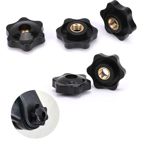 M8 Knurled Star Knob Set With Brass Inserts, Black Plastic Screw On Type Through Knobs For Machinery, 5 knobs displayed