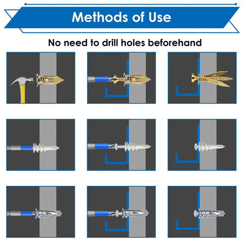 Methods of use for 480 Piece Drywall Anchors And Self Drilling Screws Kit showing hassle-free installation in wall