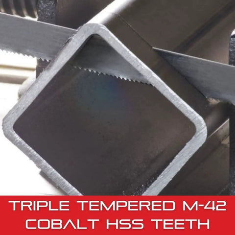 Intenss PRO-DIE Built Tough Bi-Metal Band Saw Blade With M-42 Cobalt HSS Teeth For Tool Die Mold Steels Stainless Nickel-Based Alloys Contour Cutting On Vertical Machines Nine Foot Six Inches Long Three Eighths Inch Wide Ten To Fourteen TPI