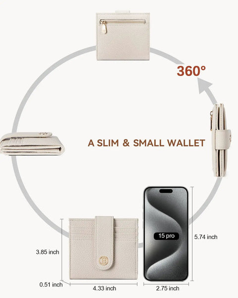 Slim RFID Blocking Wallet For Women, Small Leather Bifold Card Holder With Zipper Coin Pocket, Beige, size comparison, 360 view.
