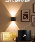 Size comparison of DEXULESA 2 Pack Motion Sensor Wall Light Magnetic Rechargeable Wall Sconce next to a credit card.