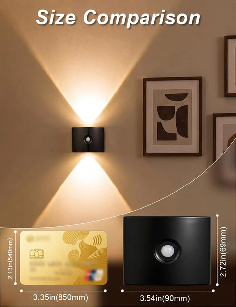 Size comparison of DEXULESA 2 Pack Motion Sensor Wall Light Magnetic Rechargeable Wall Sconce next to a credit card.