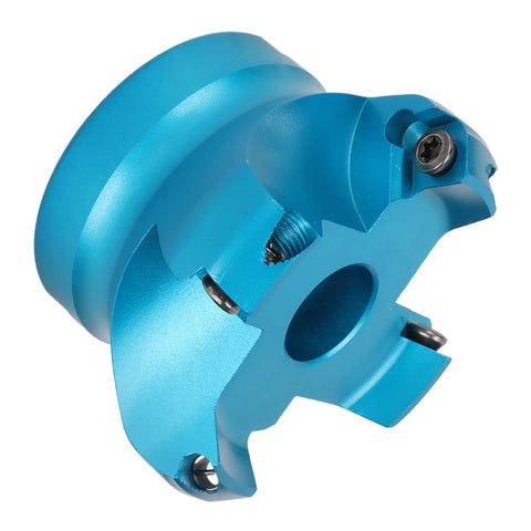 Blue aluminum-alloy CNC lathe face mill head with 4 flutes, mounting screws, side view