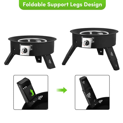 19 Inch Portable Propane Fire Pit With 58,000 BTU Auto Ignition Smokeless Gas Firebowl Height Adjustable Folding Legs Includes Lava Rocks