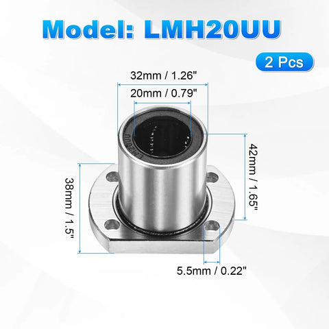 LMH20UU Linear Ball Bearings 20mm Bore 32mm OD 38mm Length 5.5mm Hole 2 Pack Round Flange Rubber Sealed linear bearing