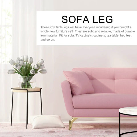 Heavy Duty Iron Furniture Feet For Beds And TV Cabinets, stable golden metal legs, oblique cone design on pink sofa.