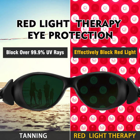 ULTREMA red light therapy glasses with black frame and green-tinted left lens