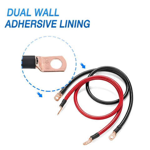Heavy Duty Battery Terminal Crimp Connector Kit with 70 copper wire lugs and 80 heat shrink tubing, showing dual wall adhesive lining.