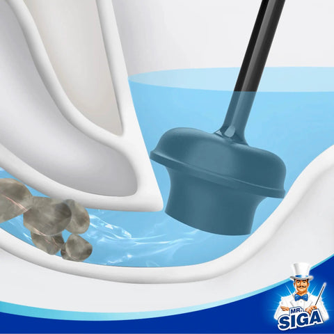 Heavy Duty Toilet Plunger With Holder, Ergonomic Handle, Ventilated Storage Stand in action unclogging a toilet bowl