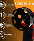 Rack-A-Tiers round multi-tool hole saw on an oscillating tool; black serrated circular bit for drywall (4 1/4 in).