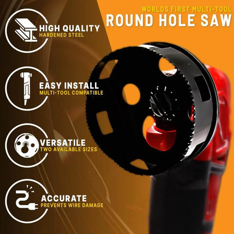 Rack-A-Tiers round multi-tool hole saw on an oscillating tool; black serrated circular bit for drywall (4 1/4 in).
