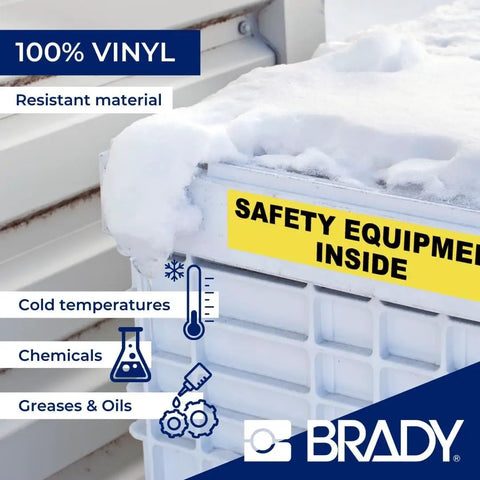 Heavy Duty All Weather Vinyl Labels Roll 1.5 Inches Wide X 25 Feet Black On White With Insanely Strong Adhesive For Piping Equipment Workbenches And Shop Floor Organization Compatible With Bmp51 M510 And M511 Printers on a storage box in snow.