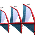 Inflatable Wing Foil And Sail For Wind Wing Foiling, Kitesurfing, Windsurfing, Surfing And Water Play, 4.2 Square Meter Large Wing Built With Premium Oxford Cloth And PVC, Waterproof, Wear Resistant, All Season Watersports Gear, shown in three sizes.