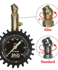 Front view of JACO Elite low-pressure tire gauge with brass nozzle and black 0–30 psi dial.
