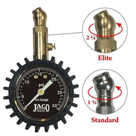 Front view of JACO Elite low-pressure tire gauge with brass nozzle and black 0–30 psi dial.