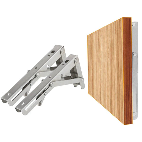 Rock Solid Heavy Duty Fold Flat Shelf Brackets No Fuss Wall Mounted Corner Brace Tight Space Savers with wooden shelf.