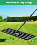 36X10 Inch Lawn Leveling Rake With Adjustable Long Handle on grass, showing 36x10 inch size, detachable and rust-resistant for yard work.
