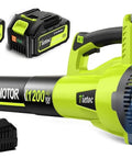 Cordless Leaf Blower With 1200W Brushless Motor, Dual 5.0Ah Batteries And 2 Hour Fast Charger, Six Speed Turbo Power, Light Green