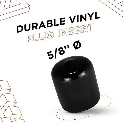 5/8 Inch Flexible Plastic Hole Caps For Round Tubing 5/8 OD Black End Caps shown with text 'Durable Vinyl Plug Insert'