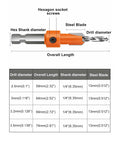 Image showing dimensions and parts of 5 Piece Countersink Drill Bit Set With Hex Shank Tapered Pilot Hole Bits And Snappy Quick Change.