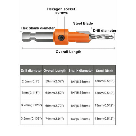 Image showing dimensions and parts of 5 Piece Countersink Drill Bit Set With Hex Shank Tapered Pilot Hole Bits And Snappy Quick Change.