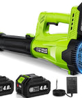 Cordless Leaf Blower With Dual 4Ah Batteries And Charger shown with two batteries and a charger, suitable for lawn care.