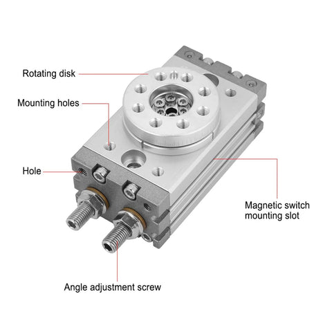 Fifteen Millimeter Aluminum Alloy Pneumatic Cylinder With 0 To 180 Degree Rotary Actuator, MSQB-10A Close-up with labeled parts