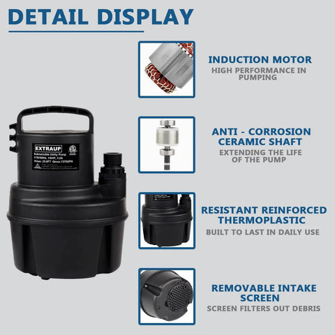 Detail display of Powerful Submersible Utility Pump 1/6 HP 1370 GPH Portable Drain Pump for basements and flood cleanup
