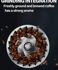 Solid Automatic Coffee Brewer With Built In Grinder And Sealed Bean Hopper Programmable Delay Timer Brew The Perfect Cup Strong Medium Or Rich Drip Java For The Daily Grind At Home Kitchen Counter coffee grinder close-up with roasted beans.