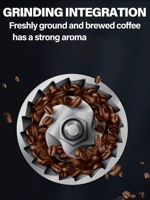 Solid Automatic Coffee Brewer With Built In Grinder And Sealed Bean Hopper Programmable Delay Timer Brew The Perfect Cup Strong Medium Or Rich Drip Java For The Daily Grind At Home Kitchen Counter coffee grinder close-up with roasted beans.