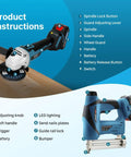 Product instructions showing Two In One Cordless Nail Gun And Five Eighths Inch Angle Grinder Kit With Two 2Ah Batteries for woodworking.