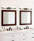 Bathroom with dual mirrors and Four Light Dark Bronze Vanity Light With Dual Glass Shades, Hardwired Bathroom Wall Mount, Up Or Down Mount