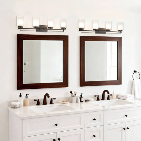 Bathroom with dual mirrors and Four Light Dark Bronze Vanity Light With Dual Glass Shades, Hardwired Bathroom Wall Mount, Up Or Down Mount