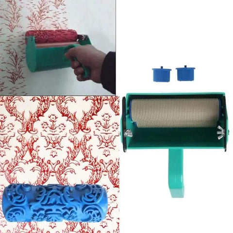 The OG Decorative Texture Paint Roller With Interchangeable Pattern Design imprinting a wall design, showcasing roller and handle.